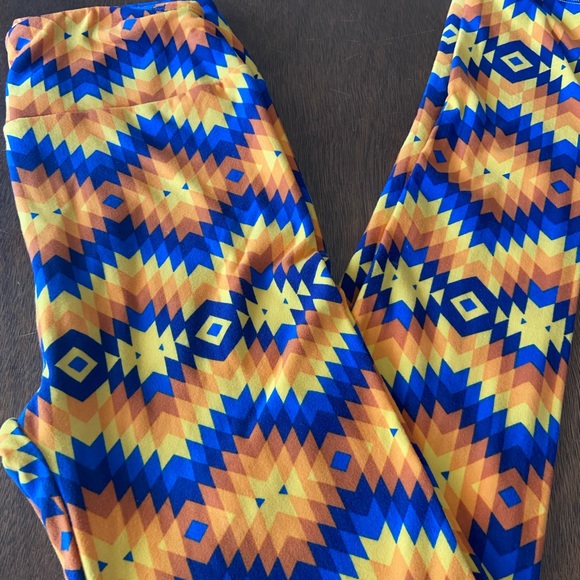 LLR Women’s - OS size leggings. Yellow, orange, navy blue Aztec print background - Picture 2 of 3